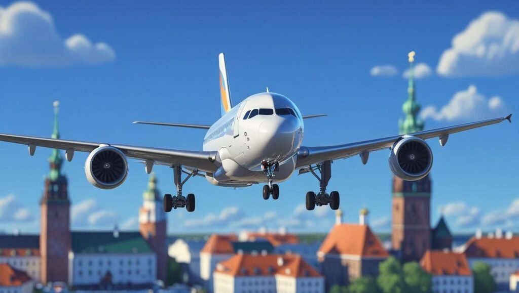 Airplane flying into Tallinn